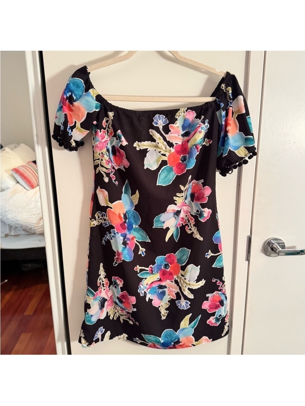 Hutch Black Floral Off Shoulder Mini Dress | Pom Pom Sleeves | Size 0